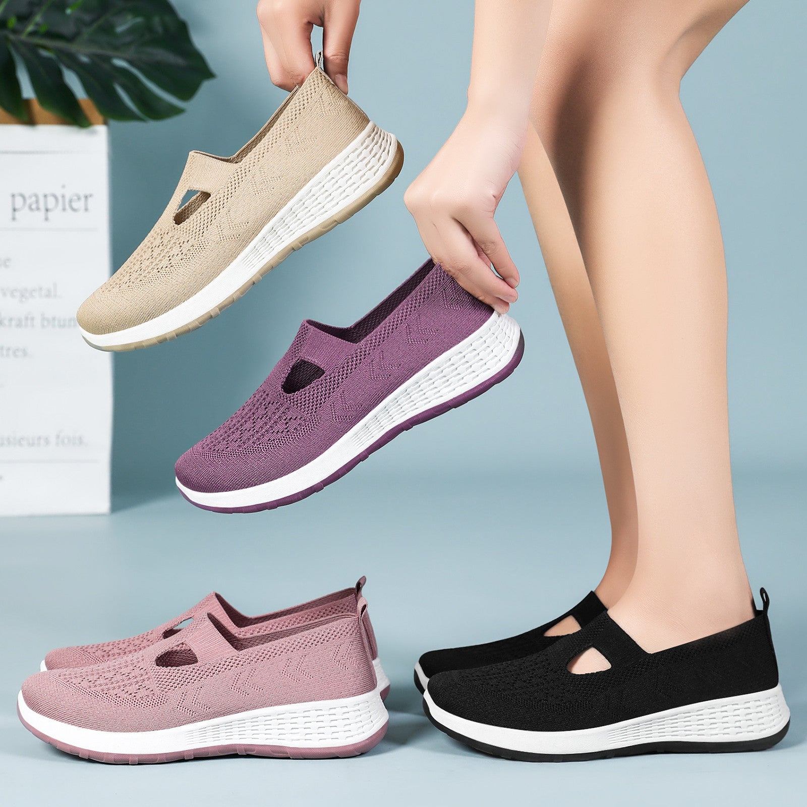 Damen Bequeme Slip-On Sneakers mit atmungsaktivem Strickoberteil R&B