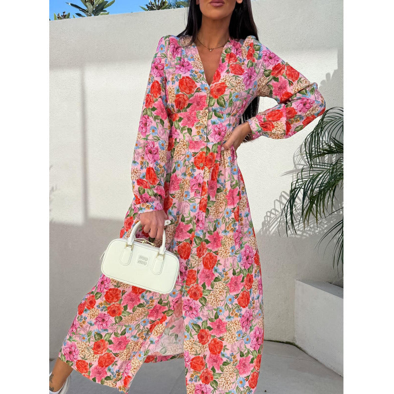 Damen Floral Knopf-Augen Maxi Kleid R&B