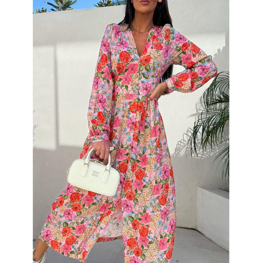 Damen Floral Knopf-Augen Maxi Kleid R&B