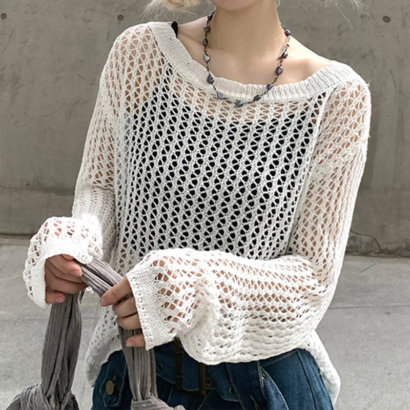 Damen luftiger Strickpullover mit feinem Netzmuster R&B