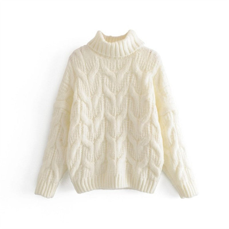 Damen Grobstrickpullover mit hohem Kragen und elegantem Zopfmuster R&B