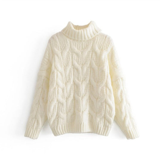 Damen Grobstrickpullover mit hohem Kragen und elegantem Zopfmuster R&B