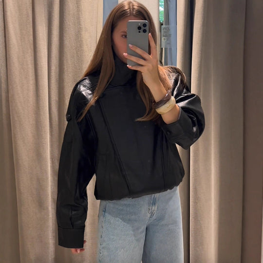 Damen lässige Kunstlederjacke im Oversized-Schnitt R&B