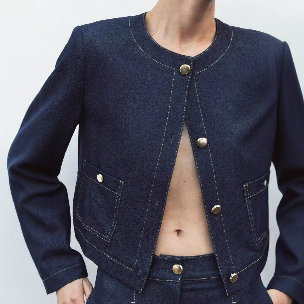 Damen cropped Jeansjacke mit aufgesetzten Taschen und eleganter Knopfdetails R&B