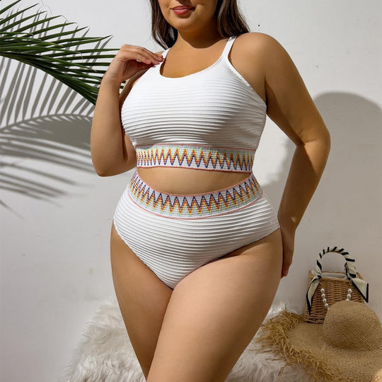 Damen Sportlicher Zweiteiliger Badeanzug mit einzigartigem Cut-Out-Design und buntem Bannermuster R&B