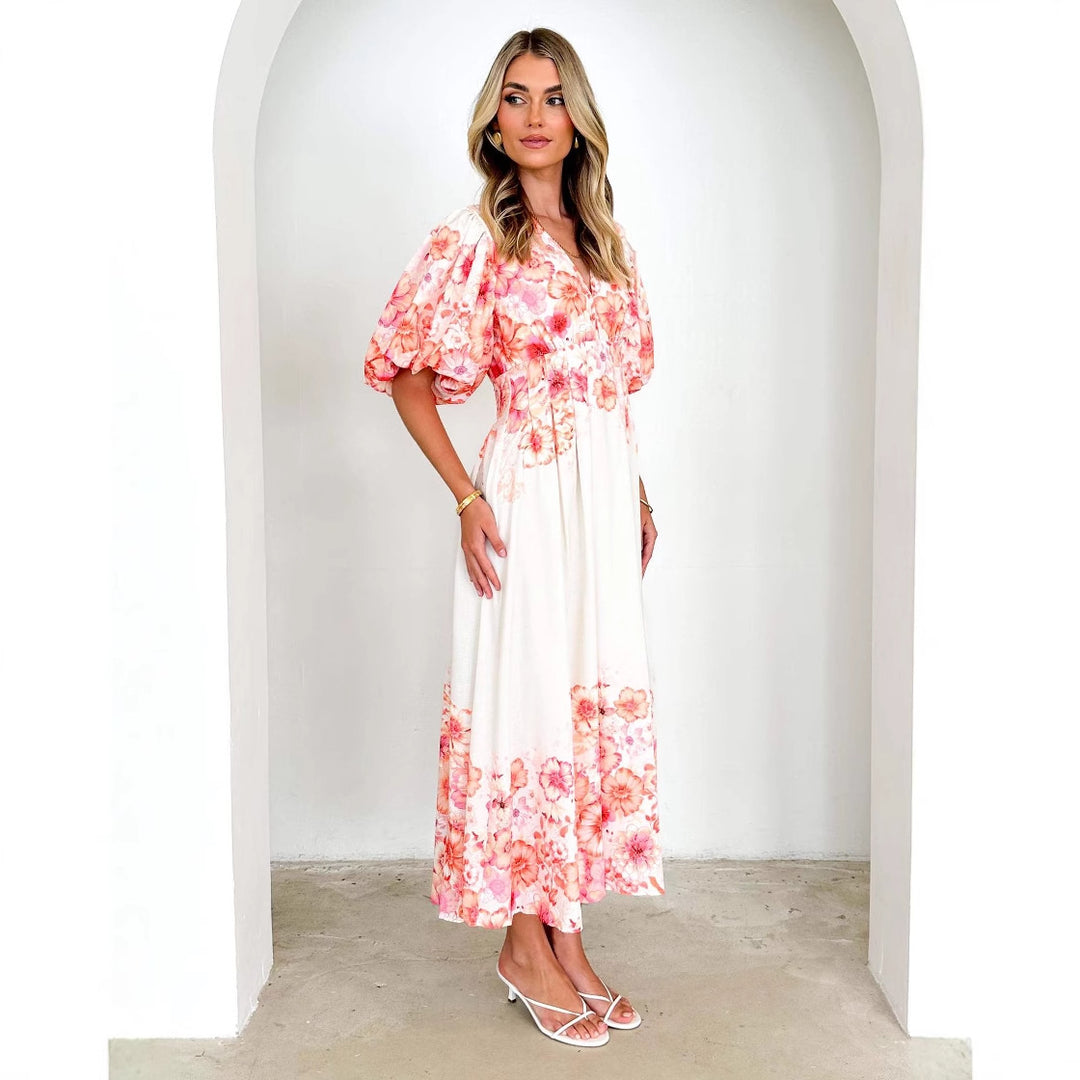 Damen Maxikleid mit ausgefallenen Puffärmeln und tiefem V-Ausschnitt R&B