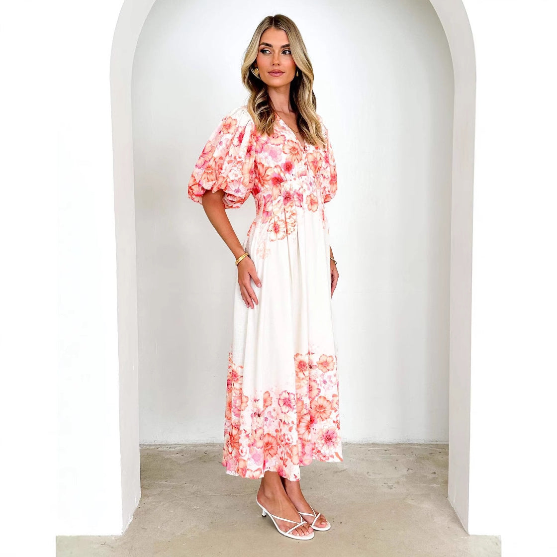 Damen Maxikleid mit ausgefallenen Puffärmeln und tiefem V-Ausschnitt R&B