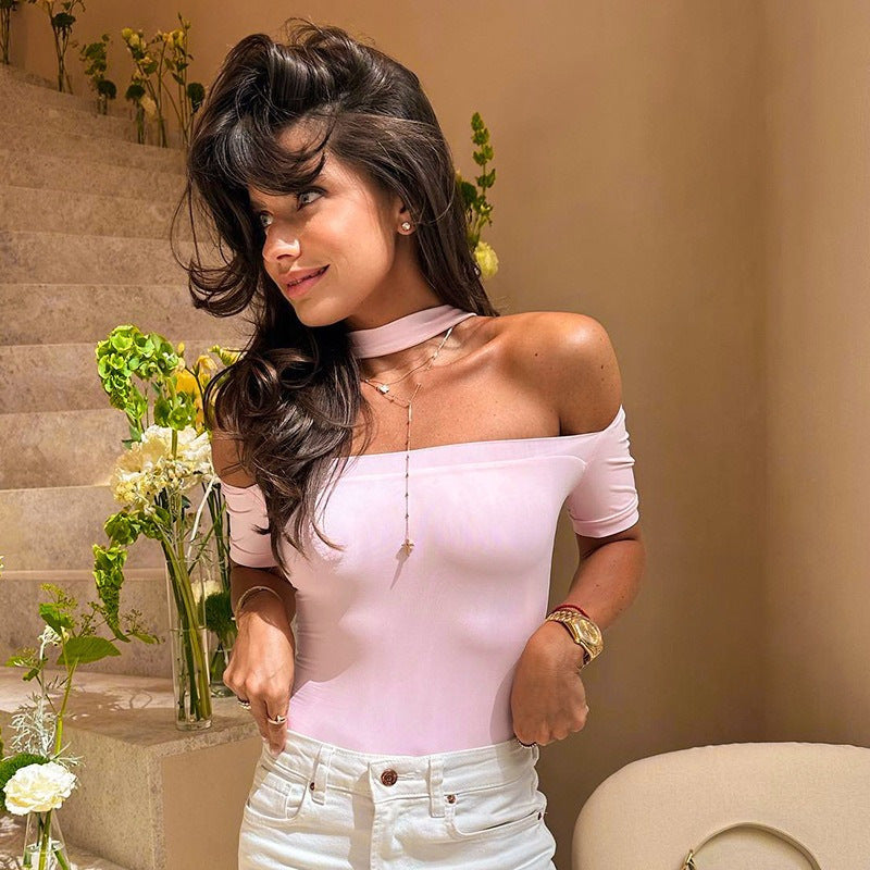 Damen Hochgeschlossenes Body-Oberteil mit transparentem Netz-Material und kurzen Ärmeln R&B