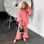 Damen Lässiges Leinen-Ensemble mit Rüschendetails R&B