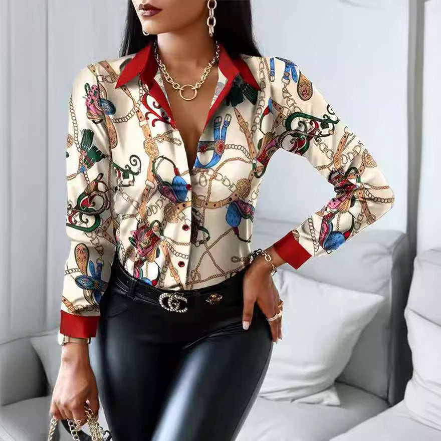 Damen elegante Bluse mit künstlerischem Druck und dekorativen Akzenten R&B