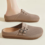 Damen nan gestrickter Clog-Mule mit doppelter Metallschnalle, atmungsaktivem 3D-Strickoberteil und ergonomischem Memory-Fußbett R&B