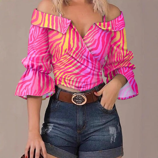 Damen modisches Oberteil mit voluminösen Ärmeln und Patchwork-Design R&B