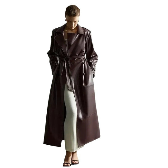 Damen Eleganter Kunstleder-Trenchcoat mit tailliertem Gürtel R&B