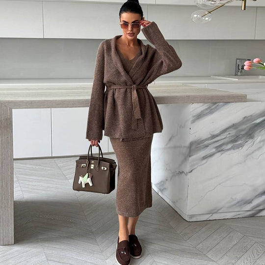 Damen elegantes Strick-Ensemble mit Wickeljacke und Bleistiftrock R&B