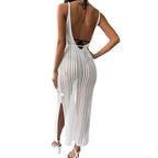 Damen gehäkeltes Maxikleid mit tiefem V-Ausschnitt und seitlichem Schlitz R&B