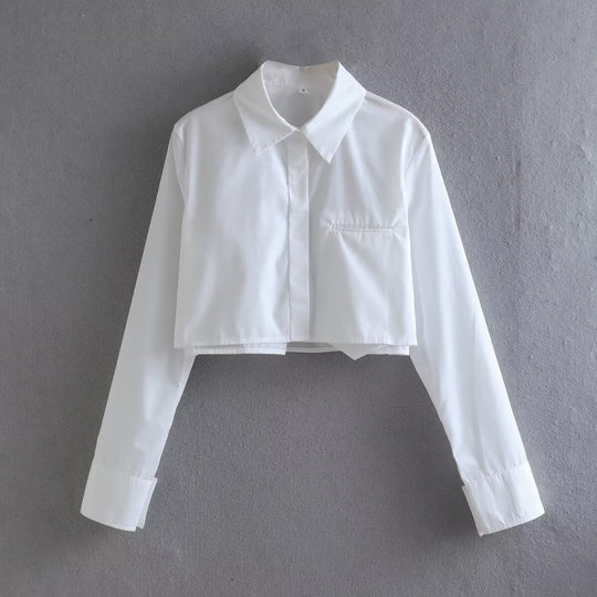 Damen cropped Bluse mit klassischem Kragen und praktischen Brusttaschen R&B
