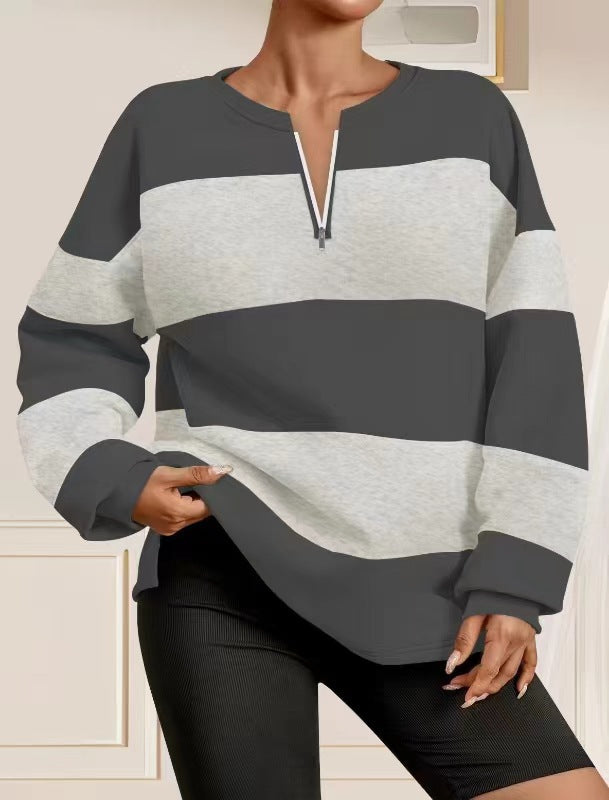 Damen modischer Sweatpullover mit Reißverschluss und gestreiftem Design R&B