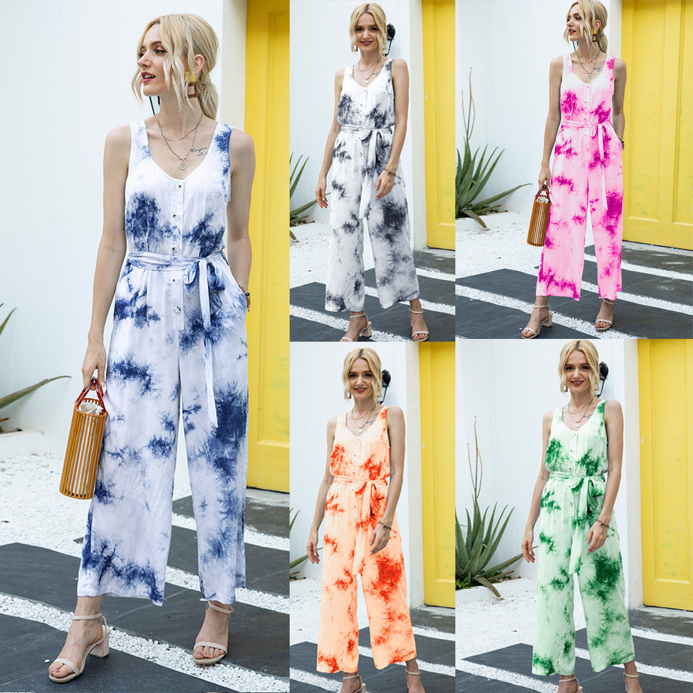 Damen lässiger Jumpsuit mit modischem Bindegürtel und Knopfleiste R&B