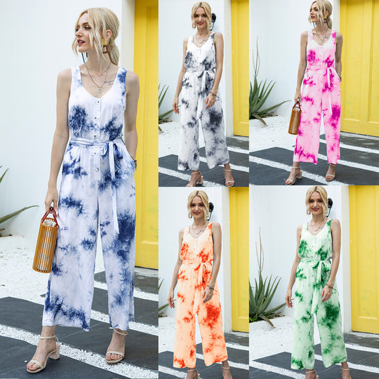 Damen lässiger Jumpsuit mit modischem Bindegürtel und Knopfleiste R&B