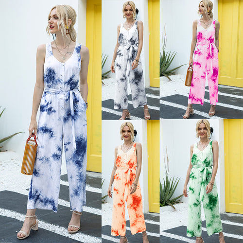 Damen lässiger Jumpsuit mit modischem Bindegürtel und Knopfleiste R&B