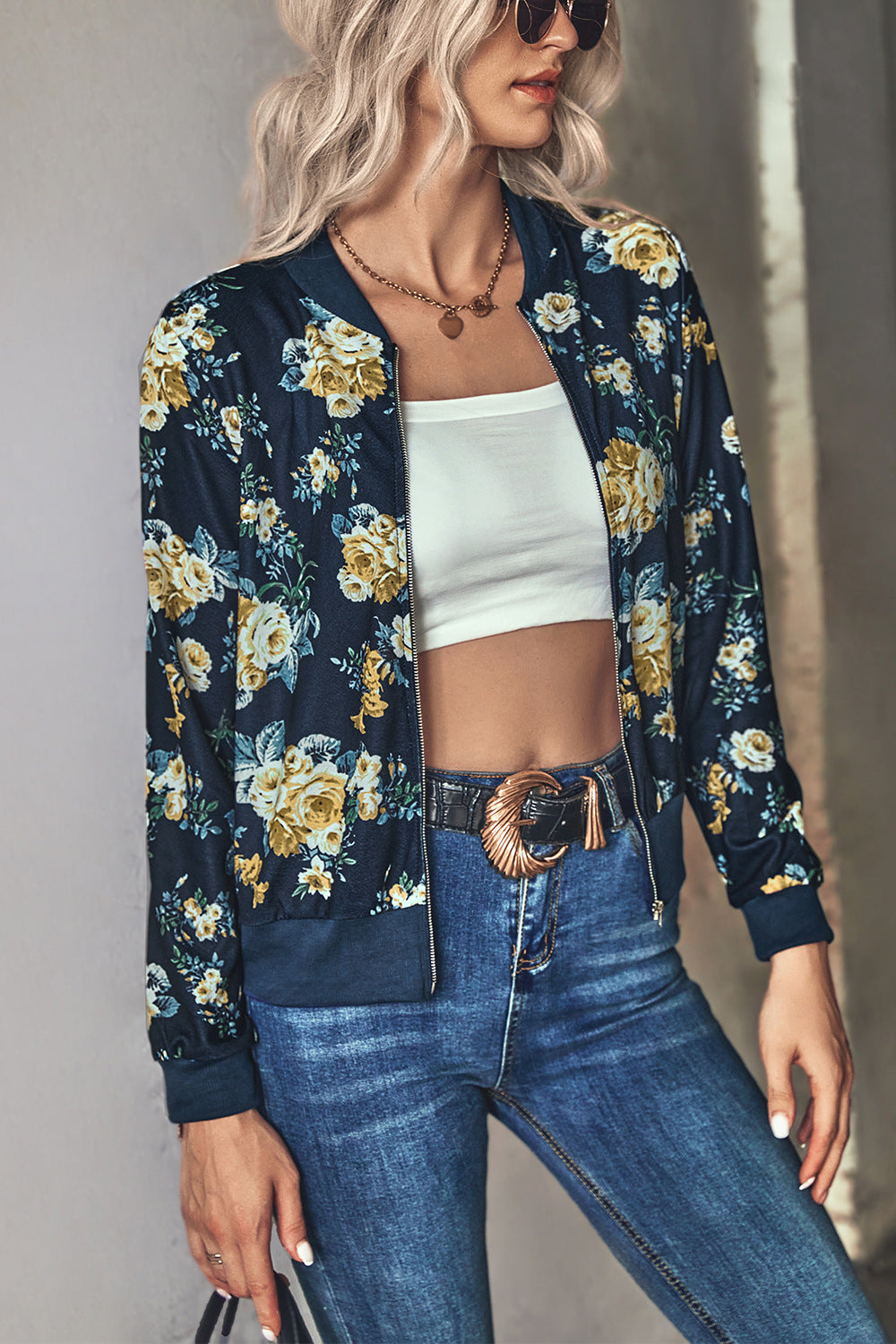 Damen Blütenmuster Freizeitjacke mit Reißverschluss und elastischen Bündchen R&B