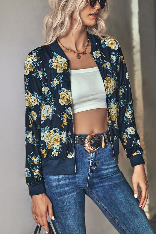 Damen Blütenmuster Freizeitjacke mit Reißverschluss und elastischen Bündchen R&B