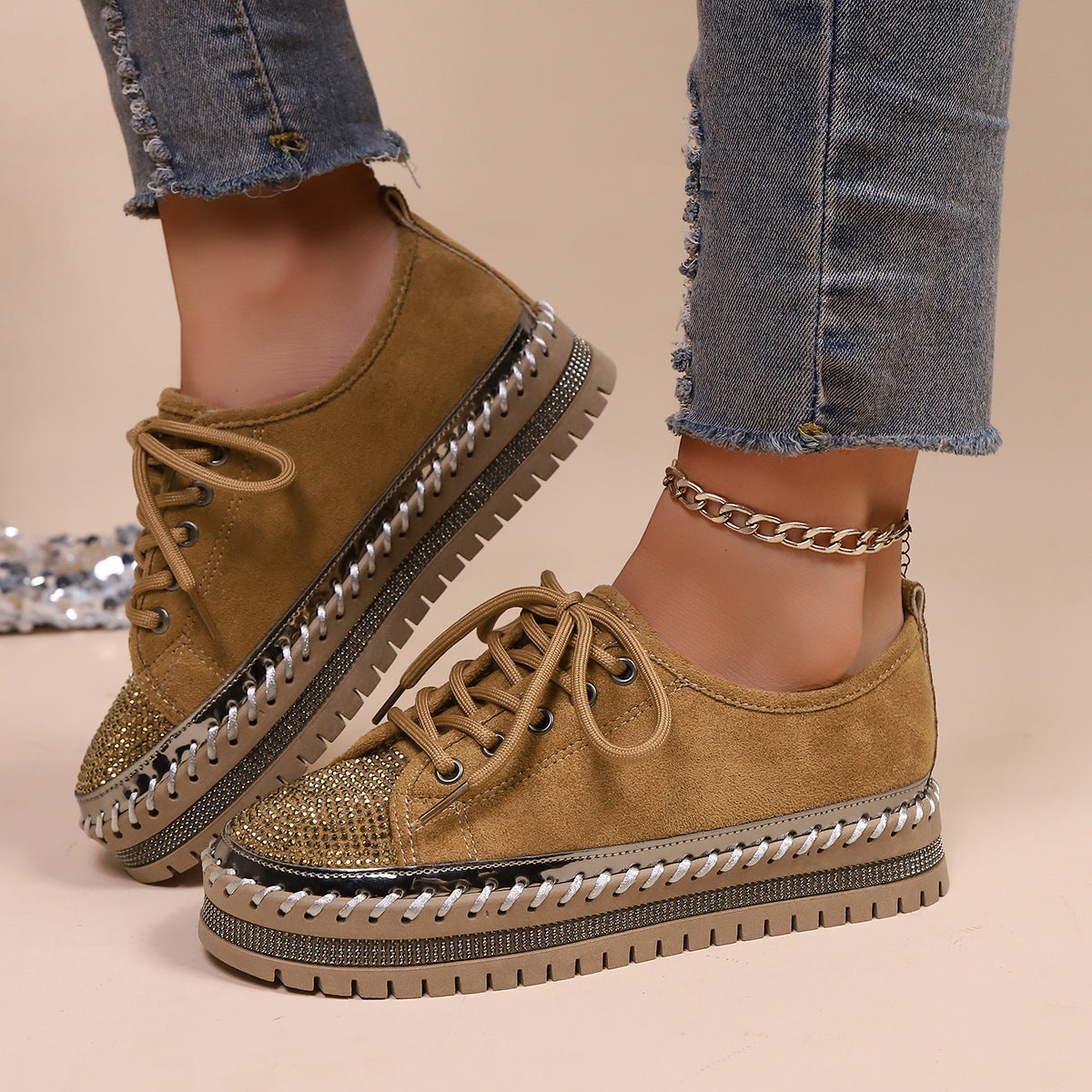 Damen komfortable Sneakers mit Glitzerdetails und kuscheligem Innenfutter R&B