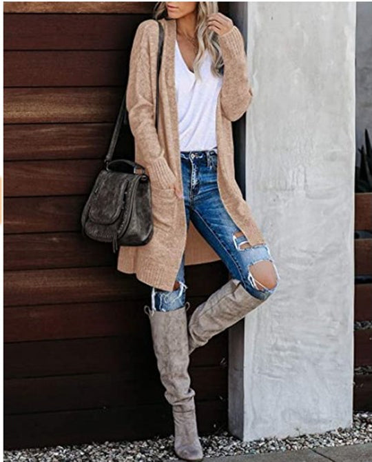 Damen Langer Strickcardigan mit lässigen Taschen und modernem Design R&B