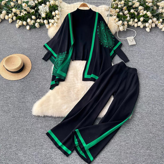 Damen lässiges Strickensemble mit langen Ärmeln und weitem Bein R&B