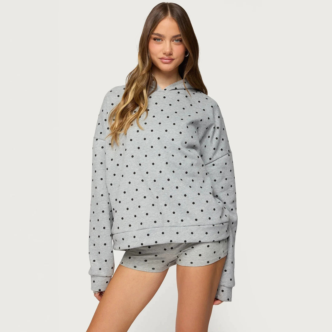 Damen nan gepunktetes Komfort-Set mit Kapuzensweatshirt, Kängurutasche und Shorts R&B