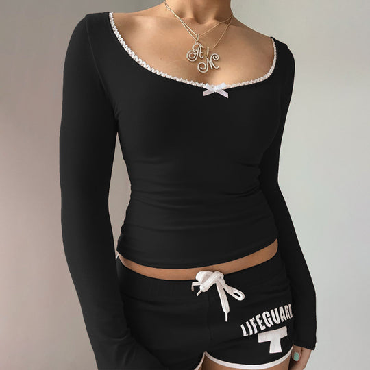 Damen Langarmshirt mit elegantem Rundhalsausschnitt und feinen Spitzenakzenten R&B