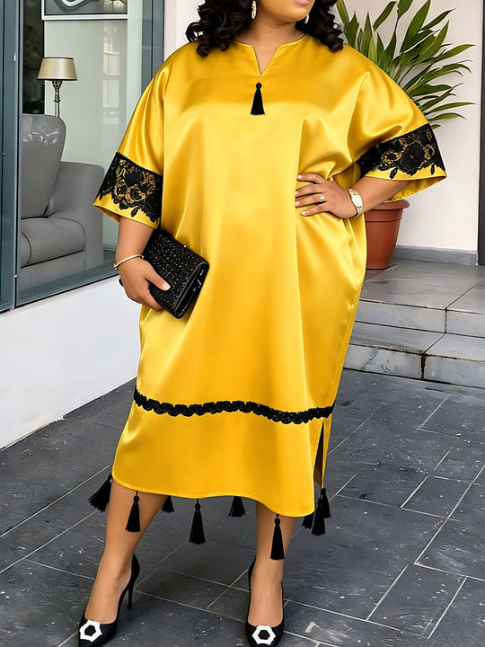 Damen Elegante Satin-Kaftanrobe mit Spitzenakzenten R&B