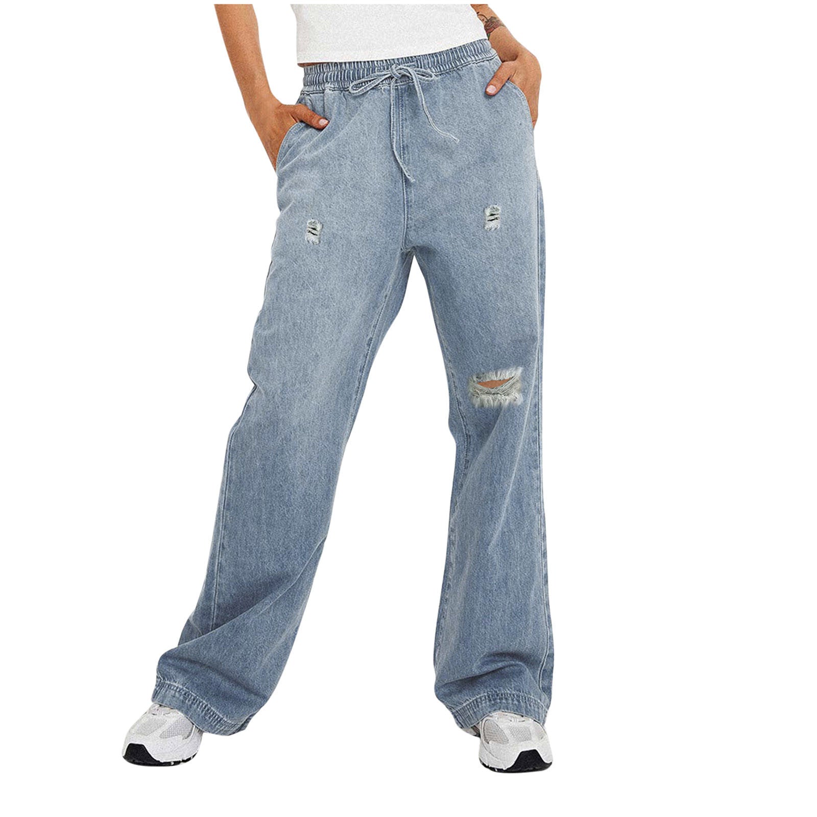 Damen Weite Denim-Hose mit modischen Ripped-Details und elastischem Bund R&B
