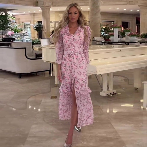 Damen Maxikleid mit floralem Design und hochgeschlossenem Ausschnitt R&B