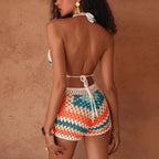 Damen gehäkeltes Bikini-Set mit angesagtem Crop-Top und lässigen Shorts R&B