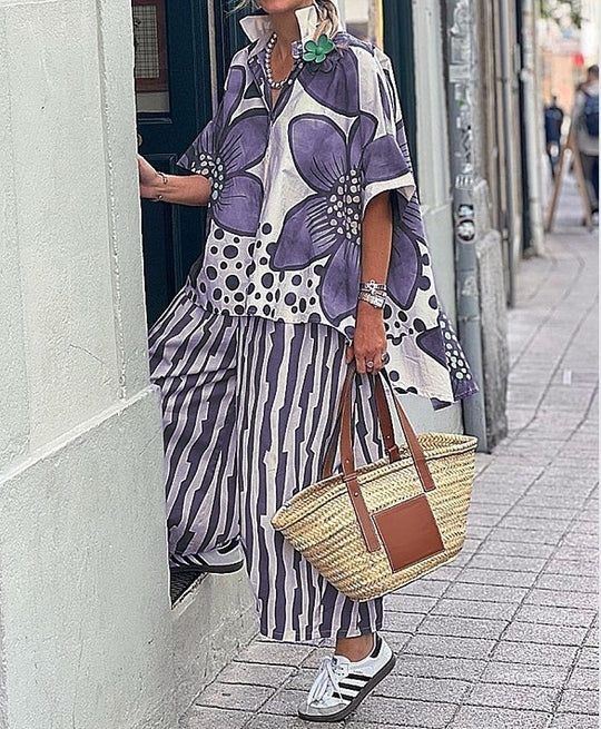 Damen Übergroßes Tunika-Set mit floralem Muster und gestreiften Hosen R&B