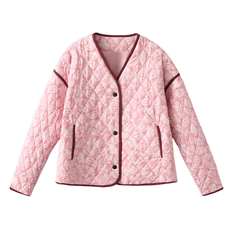 Damen gesteppte Herbstjacke mit einzigartigem floralen Muster und praktischen Taschen R&B