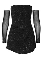 Damen Strapless Minikleid mit funkelnden Applikationen und transparenten Ärmeln R&B
