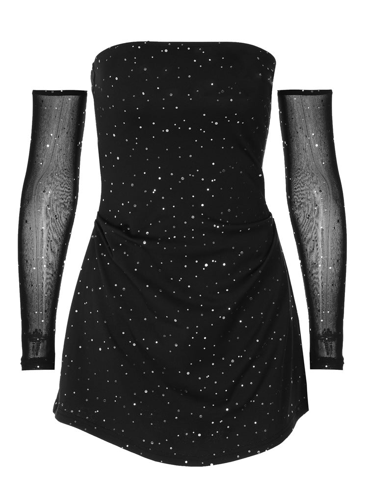 Damen Strapless Minikleid mit funkelnden Applikationen und transparenten Ärmeln R&B