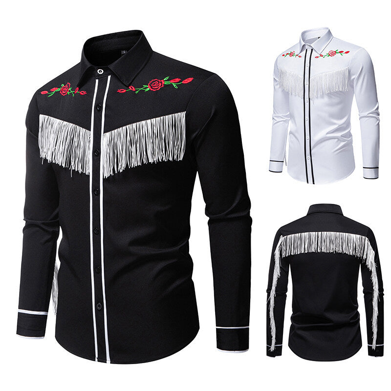 Herren elegante Westernbluse mit Fransen und bestickten Motiven