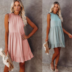 Damen lässiges Rüschendetails Kleid mit hohem Kragen R&B