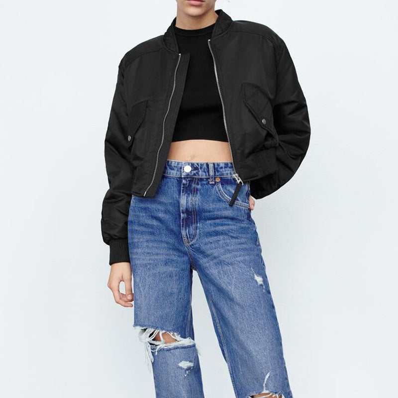Damen modische cropped Bomberjacke mit praktischen Taschen und elastischen Bündchen R&B