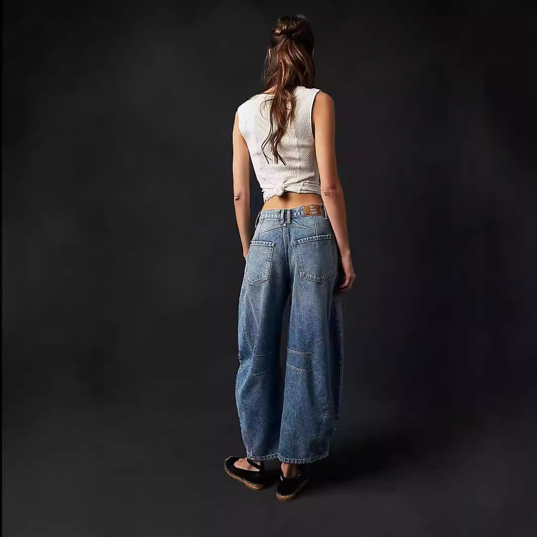 Damen Weite Denim-Hose mit hohem Bund und lässigen Details R&B