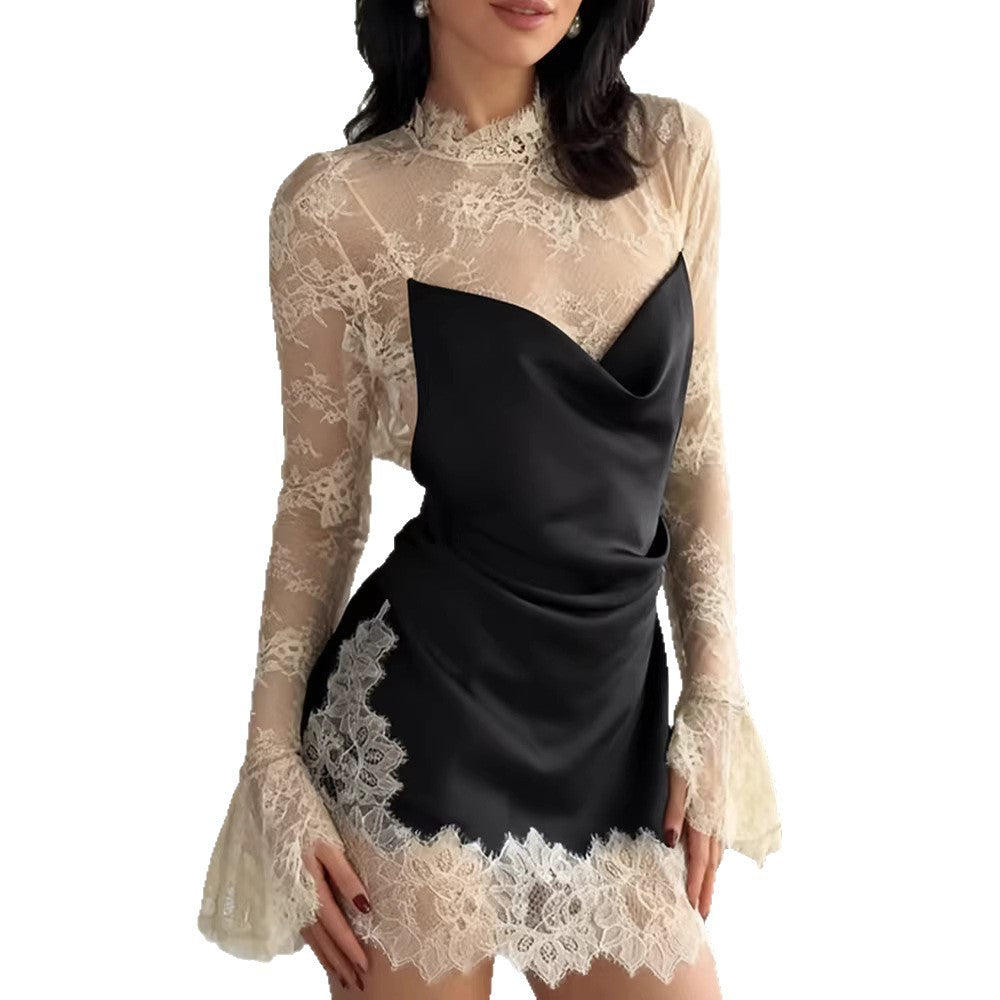 Damen Chiffon Abendkleid mit eleganten Spitzendetails und schwingenden Ärmeln R&B
