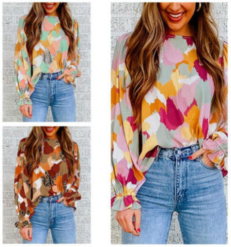 Damen Bluse mit künstlerischem Druck und gerafften Manschetten R&B