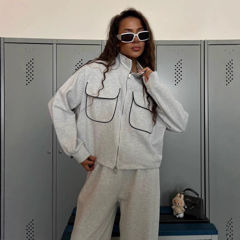 Damen sportliches Fleece-Set mit modischen Kontrasten und praktischen Taschen R&B