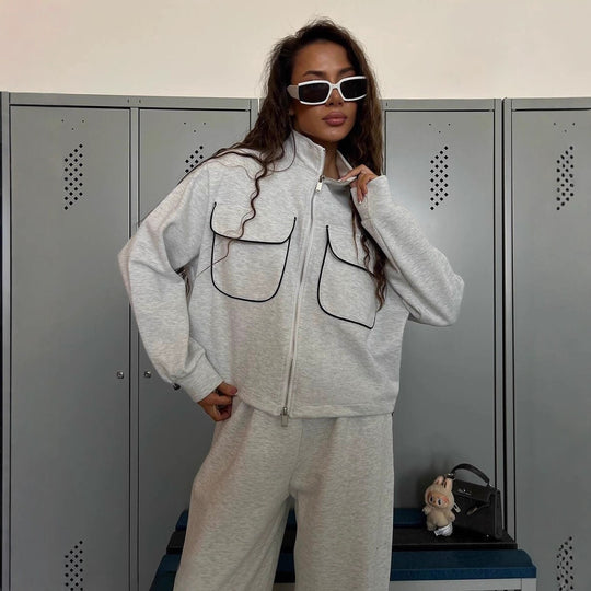Damen sportliches Fleece-Set mit modischen Kontrasten und praktischen Taschen R&B