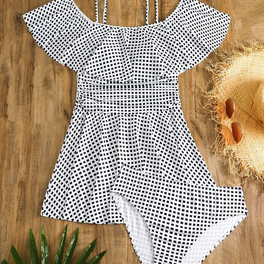Damen Badeanzug-Set mit Rüschendetails und elegantem Karomuster R&B