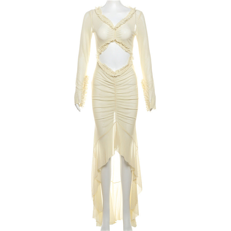 Damen Maxikleid mit raffinierten Rüschen und innovativem Cut-Out-Design R&B