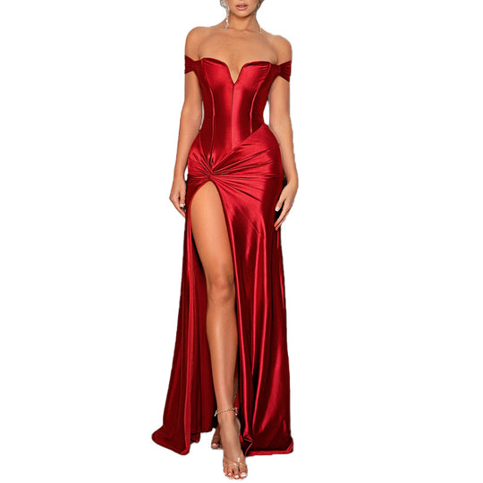 Damen elegantes Abendkleid mit schulterfreiem Design und hohem Schlitz R&B